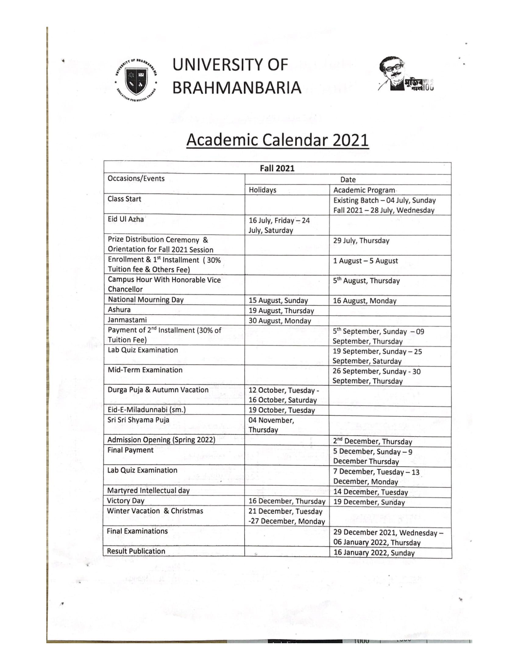Ub Academic Calendar Fall 2022 Admission Going On [Online And Offline] “Spring 2022” To Bsc In Cse, Bsc In  Eee, Bba, Mba, Ba (Hons) In English, Bss (Hons) In Sociology, And Post  Graduate Diploma In Library And Information Science. Due To Covid-19  Situation, 50% Discount On ...